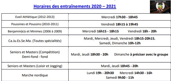 Horaires Saison 2020-2021